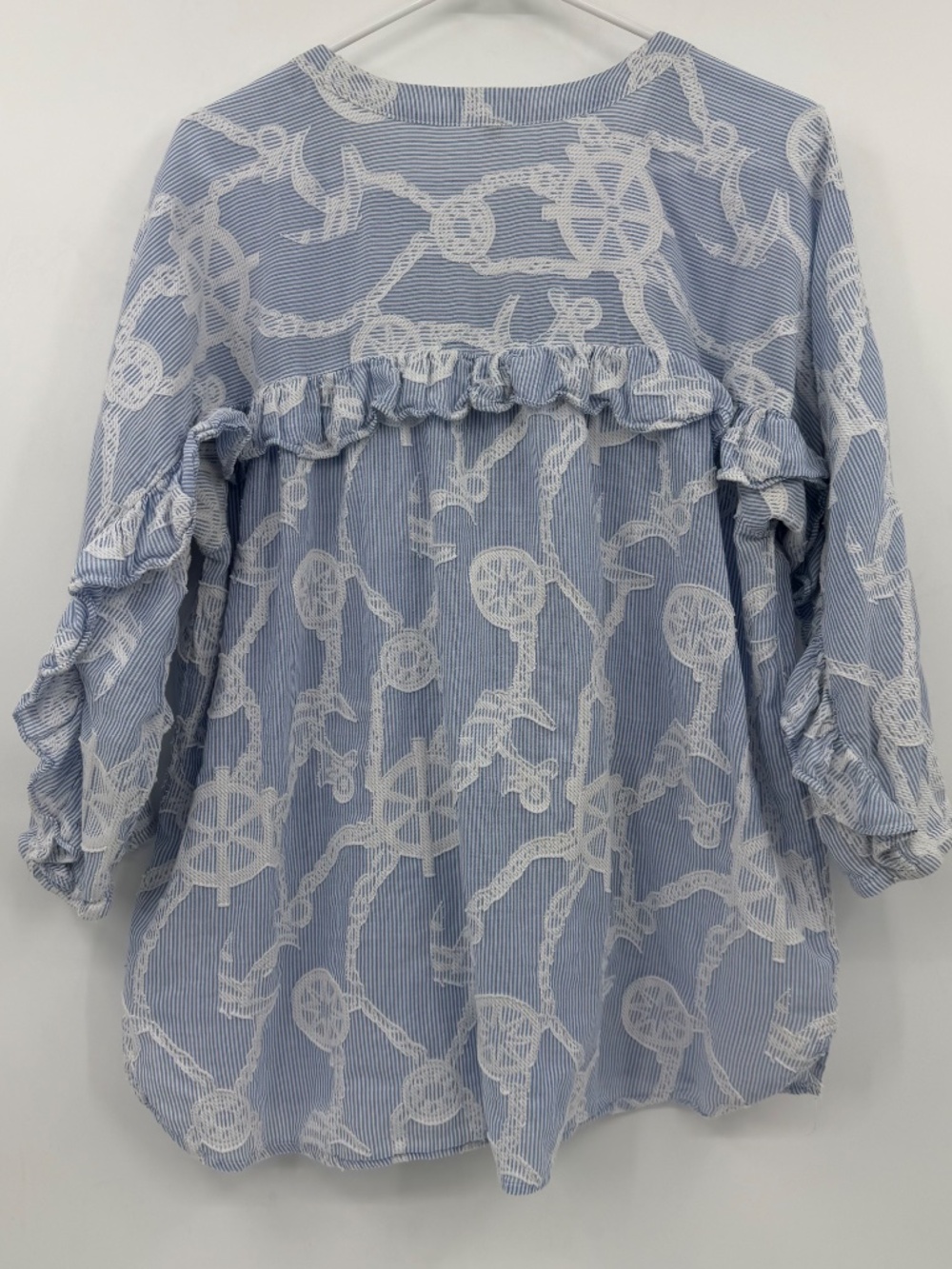 Democracy Top Women 1X Blue White V Neck Ruffles 3/4 Sleeve Boho Peasant Coastal - Picture 6 of 13